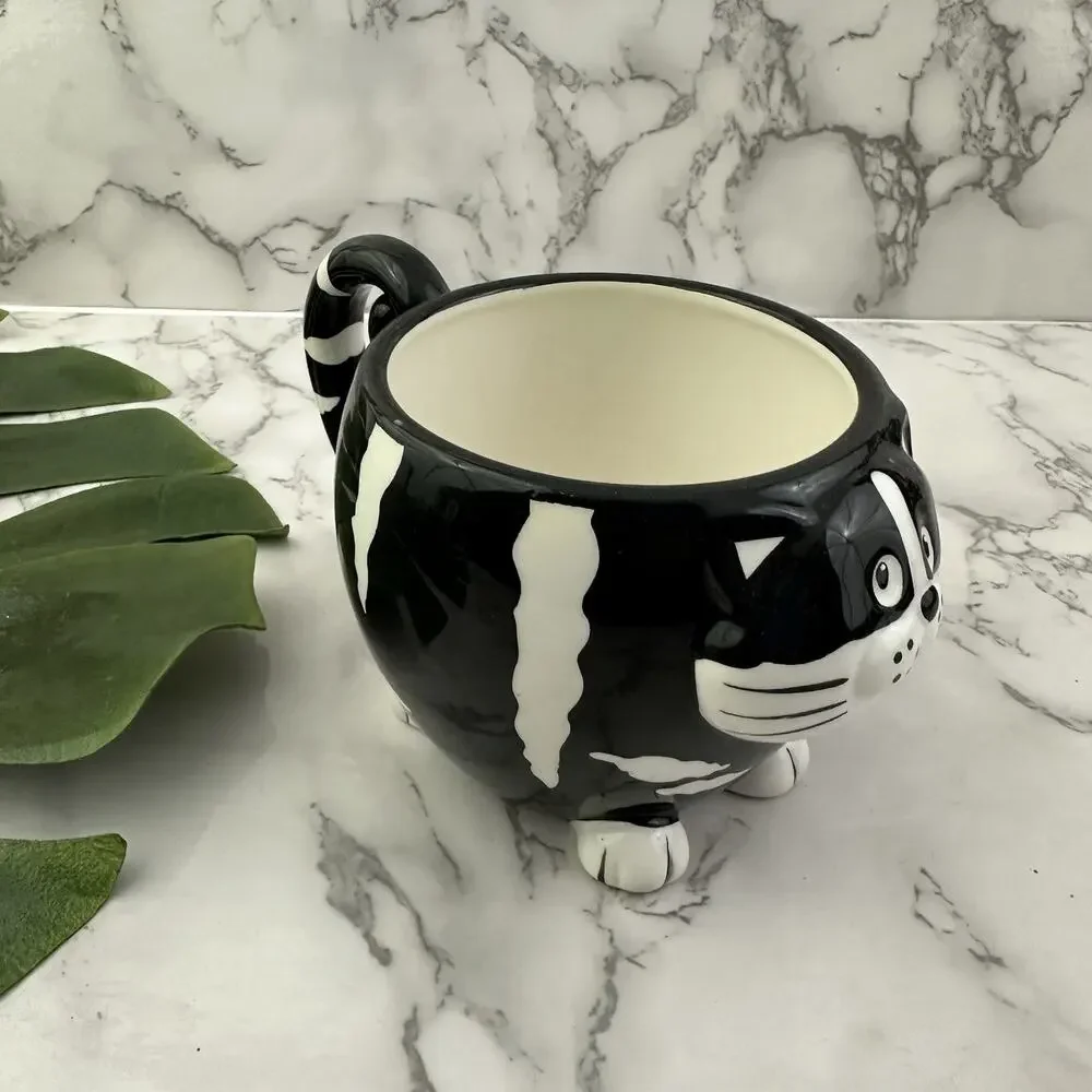 Pier 1 Vintage Y2k Chubby Cat Coffee Mug Black White 3d Kitten Striped Cup